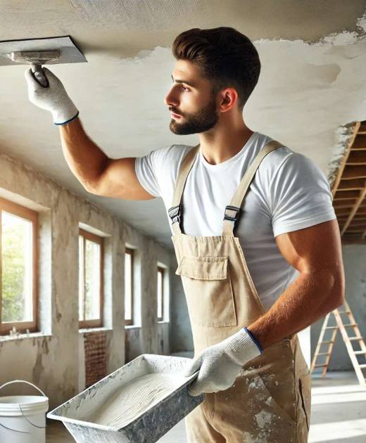 DALL·E 2025-02-05 14.27.37 – A realistic image of a professional plasterer working on a ceiling, applying smooth white plaster. The worker is wearing a white t-shirt, beige work o DALL·E 2025-02-05 14.27.37 - A realistic image of a professional plasterer working on a ceiling, applying smooth white plaster. The worker is wearing a white t-shirt, beige work o