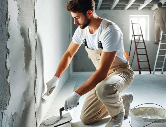 DALL·E 2025-02-05 14.27.39 – A realistic image of a skilled plasterer carefully smoothing white plaster on a freshly installed drywall. The worker is wearing a white t-shirt, beig DALL·E 2025-02-05 14.27.39 - A realistic image of a skilled plasterer carefully smoothing white plaster on a freshly installed drywall. The worker is wearing a white t-shirt, beig