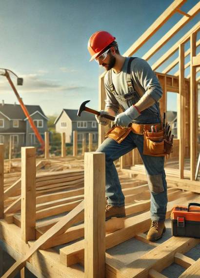 DALL·E 2025-02-05 14.31.28 – A realistic image of a construction contractor working on house framing at a residential construction site. The worker is wearing a hard hat, safety g DALL·E 2025-02-05 14.31.28 - A realistic image of a construction contractor working on house framing at a residential construction site. The worker is wearing a hard hat, safety g